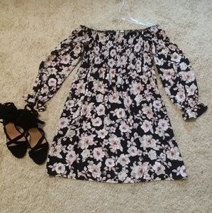 Gathered bodice off shoulder chiffon dress floral